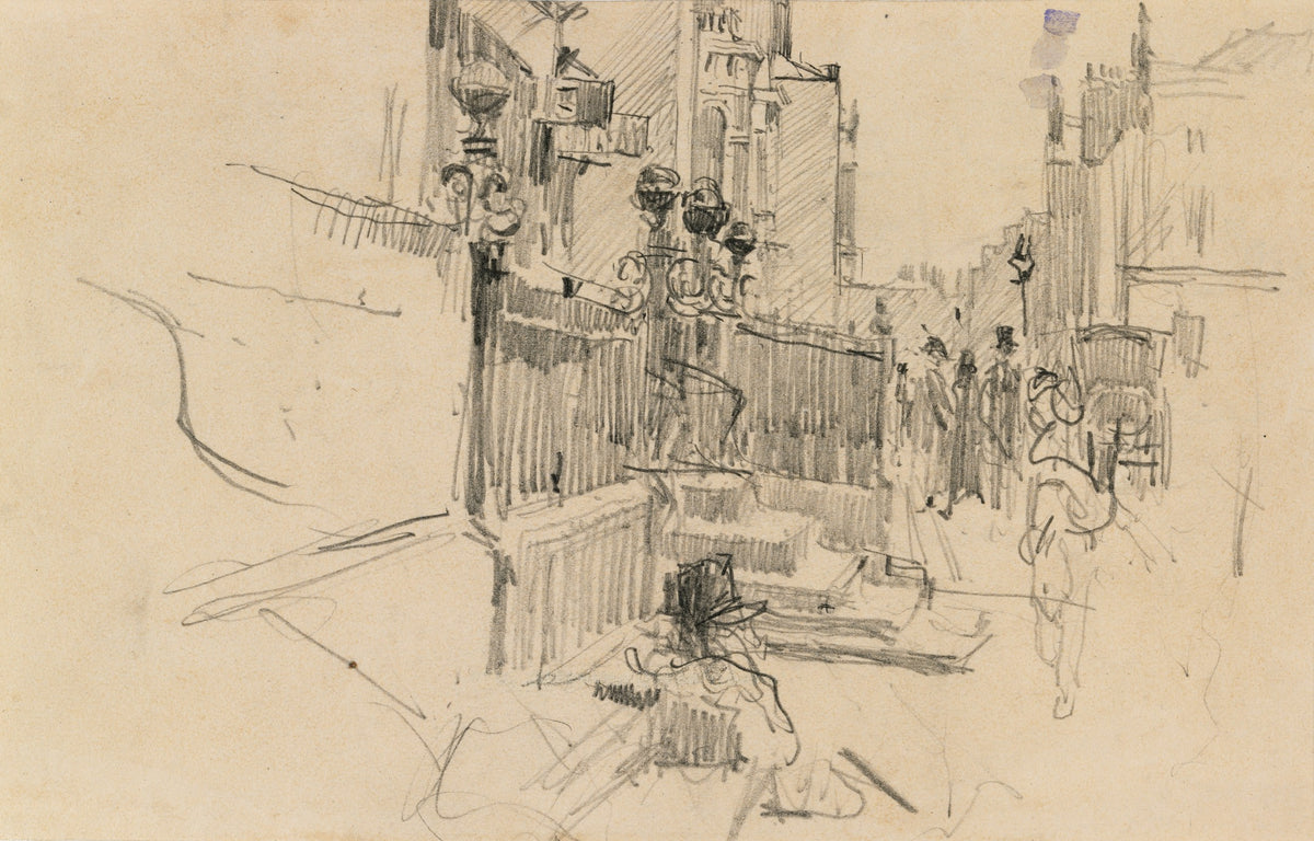 Merrion Row, Dublin, near the Shelbourne Hotel, graphite drawing by Walter Osborne
