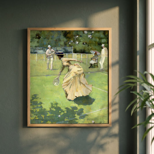Sir John Lavery framed print in a natural oak frame on a dark green wall beside a window, dappled plant shadow