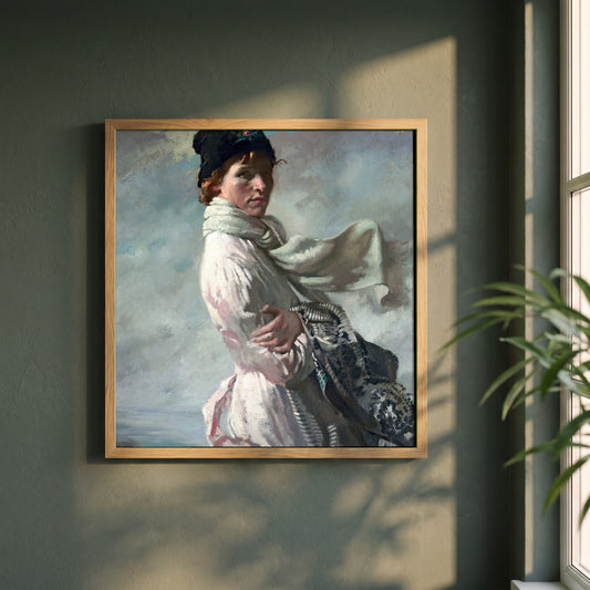 William Orpen framed print in a natural oak frame on a dark green wall beside a window, dappled plant shadow