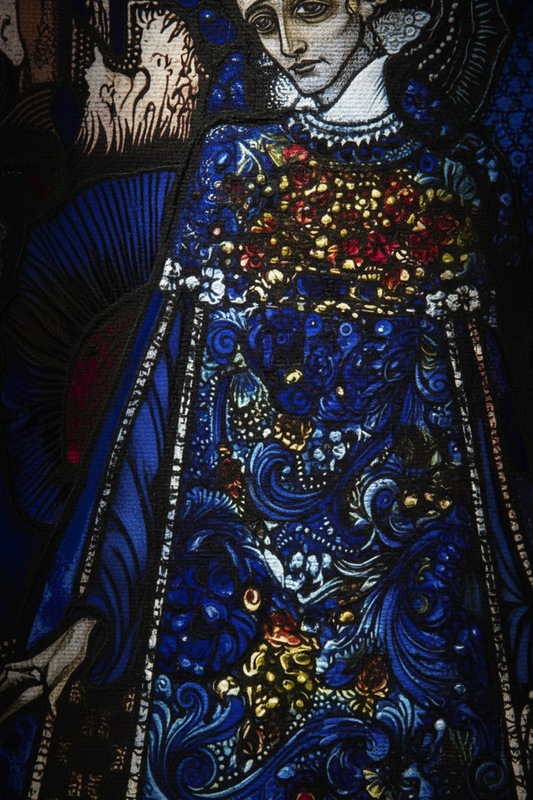 Extreme close-up of a Harry Clarke ‘The Song of the Mad Prince’ canvas print, showcasing fine woven canvas texture, rich pigment saturation, crisp giclée detail, soft natural side lighting, luxury product photography.
