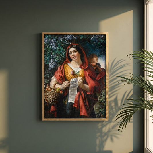 The Ballad Seller by Daniel Maclise framed print in a natural oak frame on a dark green wall beside a window, dappled plant shadow