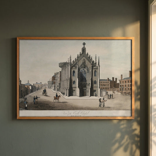 The Chapel Royal, Dublin Castle framed print in a natural oak frame on a dark green wall beside a window, dappled plant shadow