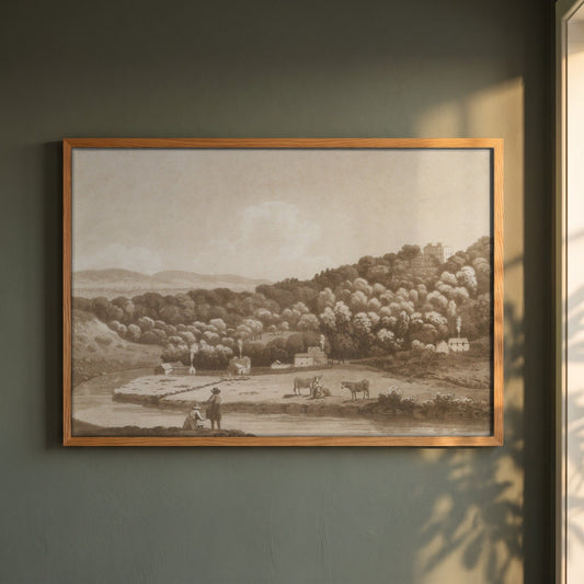The Secretary of State's House at Palmerston framed print in a natural oak frame on a dark green wall beside a window, dappled plant shadow