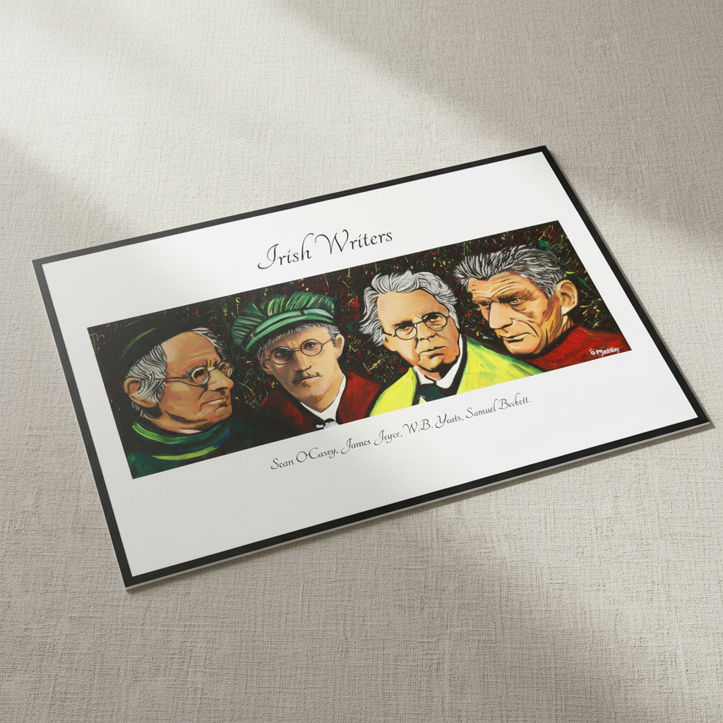 Irish Writers framed print of O'Casey, Joyce, Yeats and Beckett lying at an angle on a linen surface