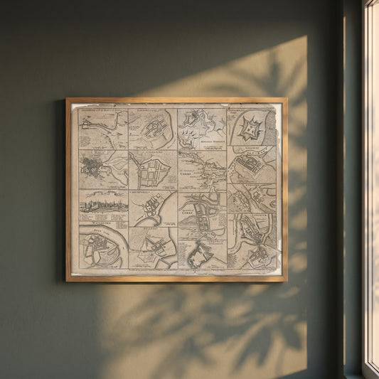 Plans of the Towns, Forts and Harbours of Ireland 1748 Map Print framed print in a natural oak frame on a dark green wall beside a window, dappled plant shadow