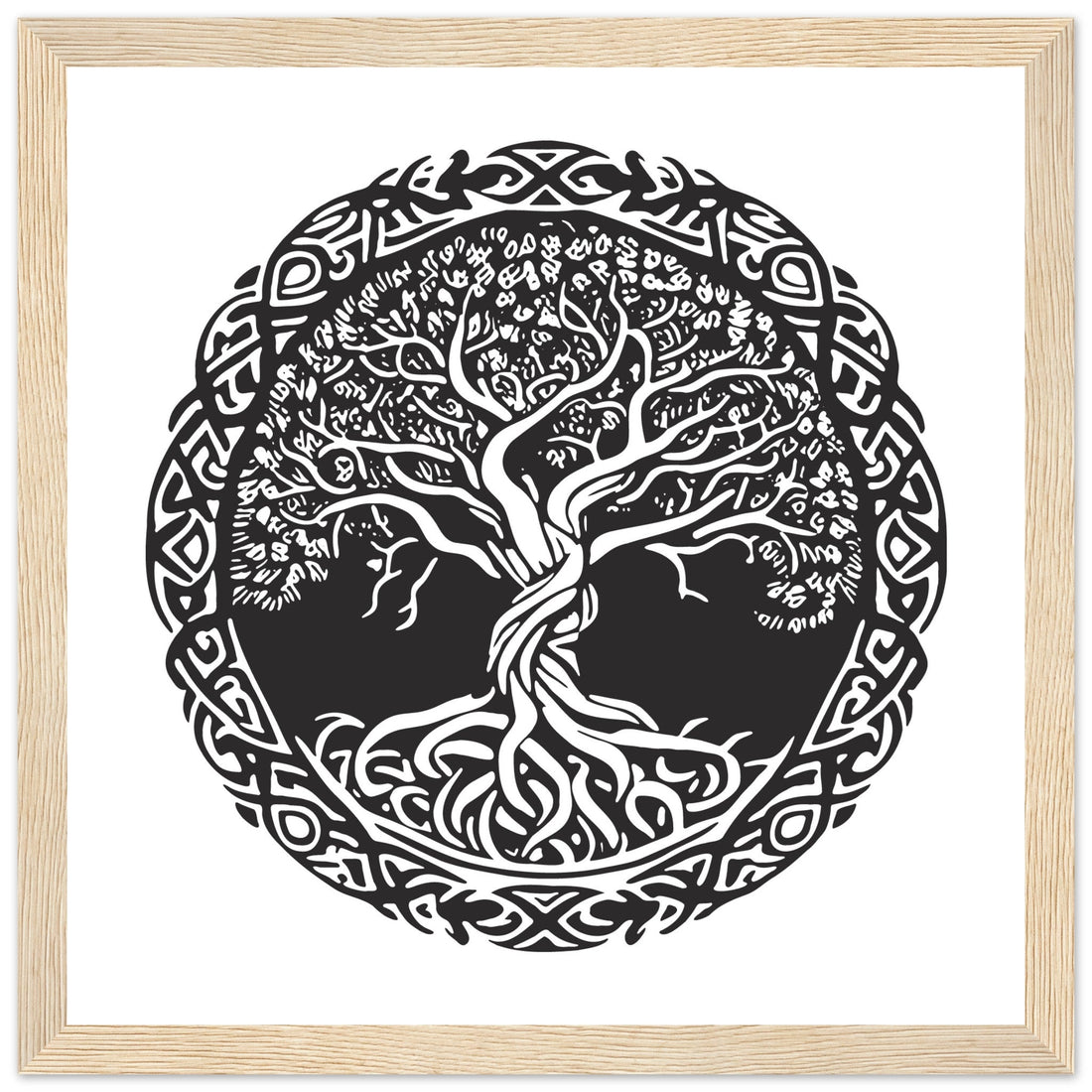 Celtic Tree of Life art print in black and white, roots and branches meeting in a circle