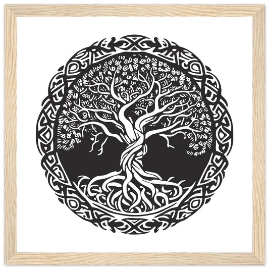 Celtic Tree of Life art print in black and white, roots and branches meeting in a circle
