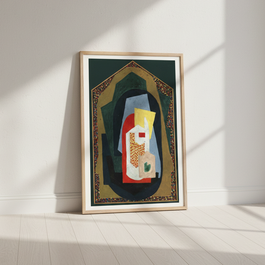 Decoration (1923) by Mainie Jellett in a light oak frame leaning against a white wall in diagonal sunlight
