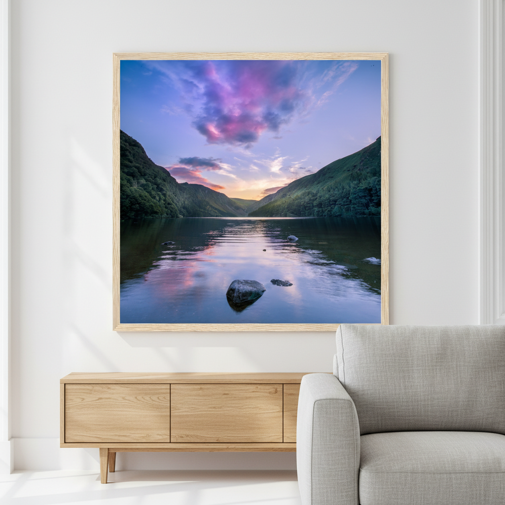 Framed square Glendalough art print in a wooden frame, showing the lake and valley in County Wicklow