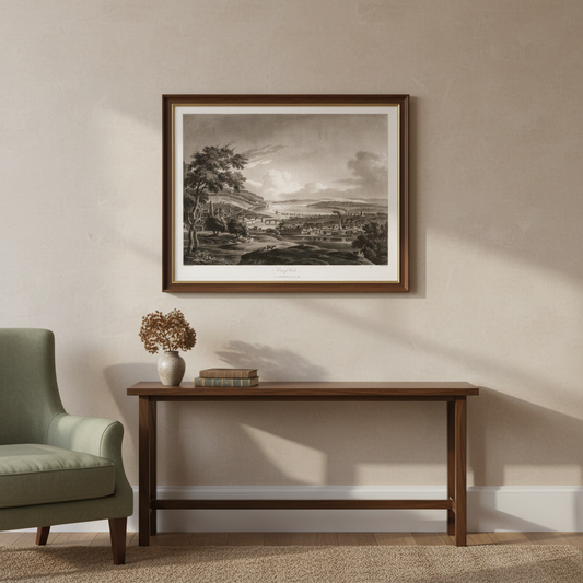 City of Cork 1799 aquatint by Thomas Sautelle Roberts displayed in a home interior