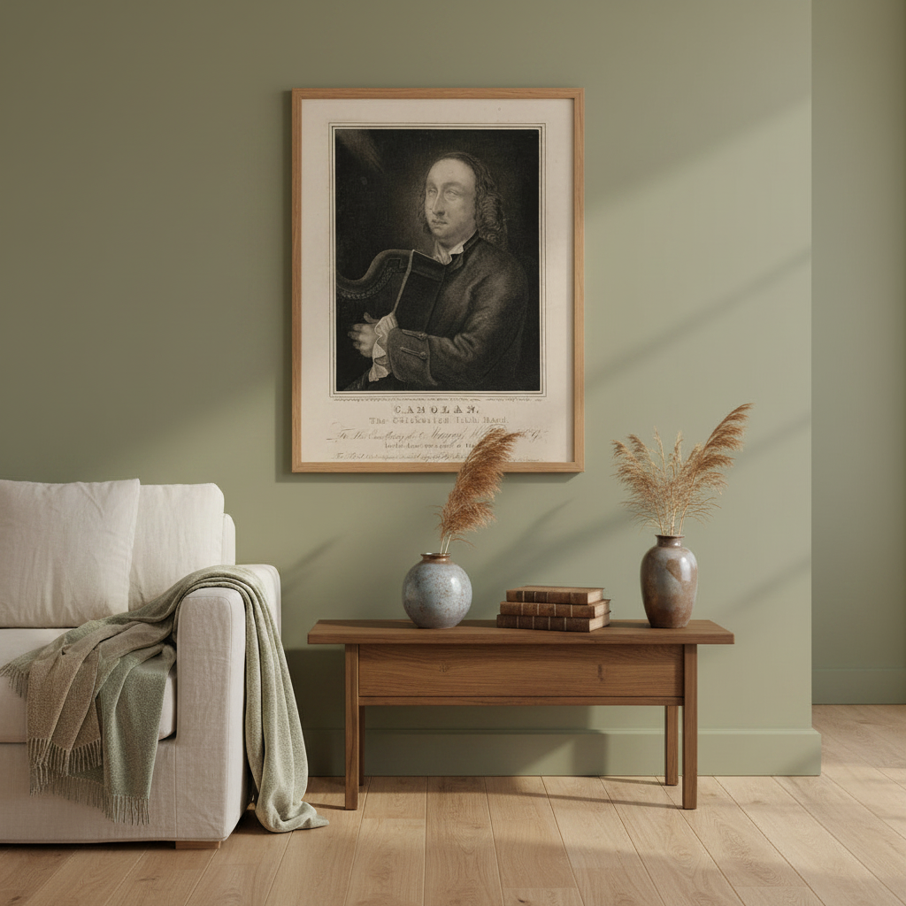 Framed engraving of the harper Turlough O'Carolan hung above a wooden console against a sage green wall