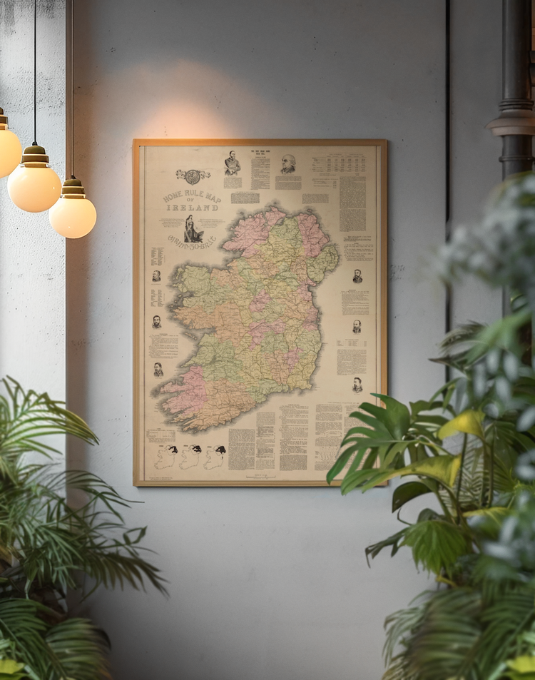 Vintage map of Ireland framed print displayed on a wall