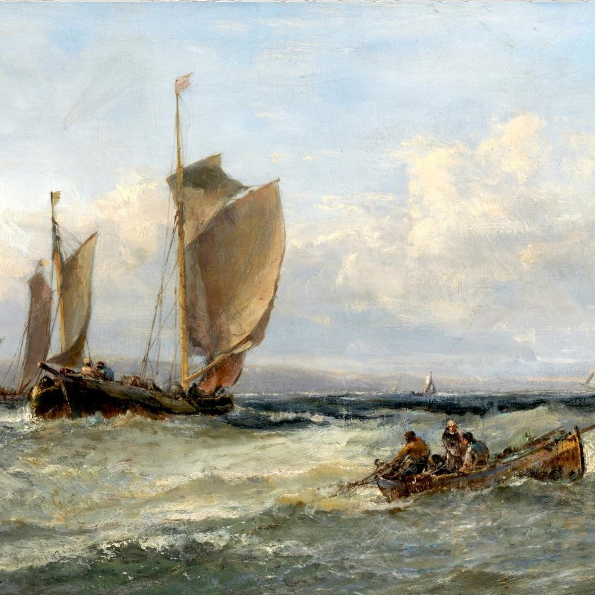 Sailing ships on a body of water with a cloudy sky