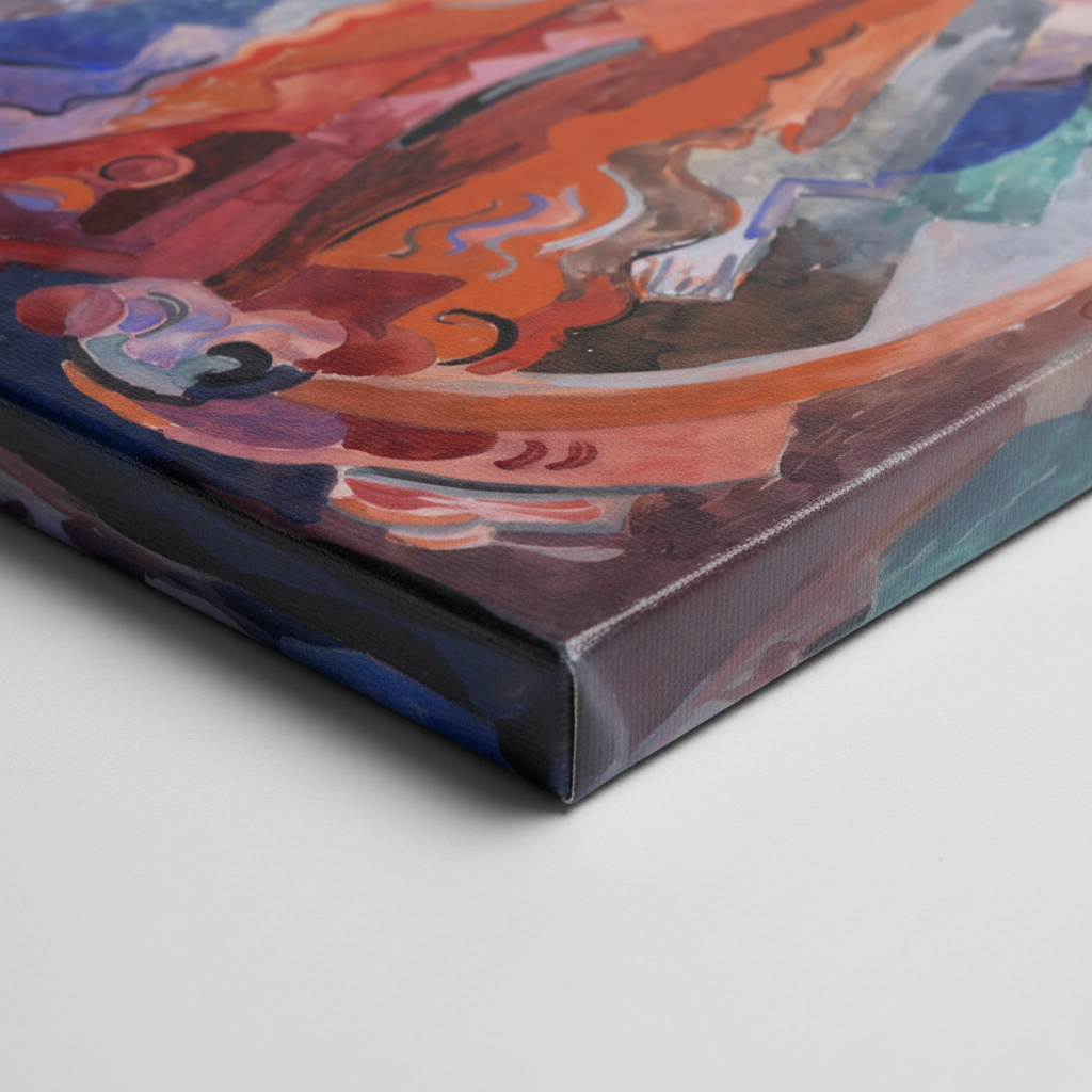 Detail of the Mainie Jellett Winepress canvas corner showing the wrapped edge and orange brushwork