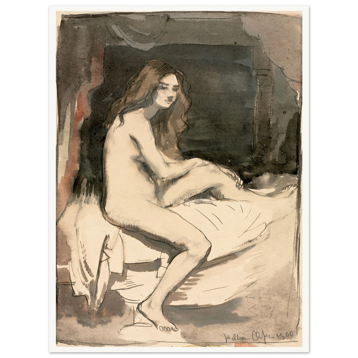 Seated female nude study by William Orpen, in a white frame