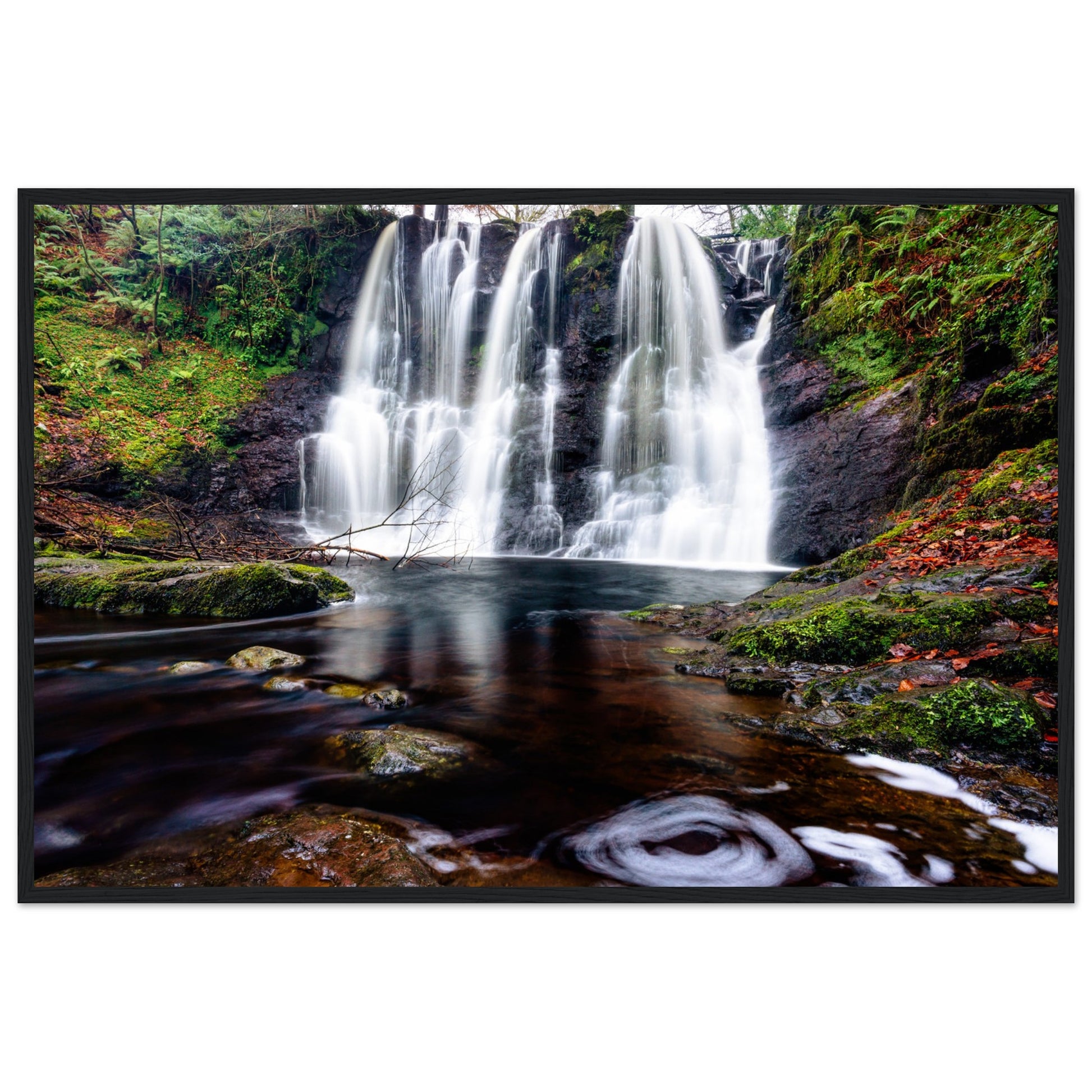 Cascading Glenariff Waterfall framed art print, showcasing serene natural beauty of Northern Ireland's forest park.