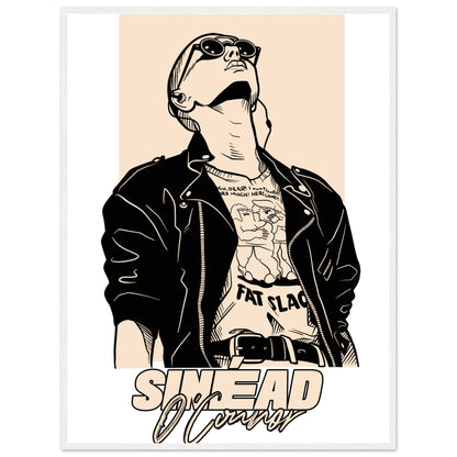 Sinéad O'Connor portrait art print in a thin white frame, leather jacket and sunglasses, front view