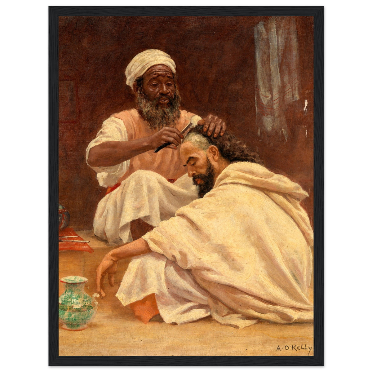 Aloysius O'Kelly A Barber, Morocco in a black frame, Moroccan barber at work