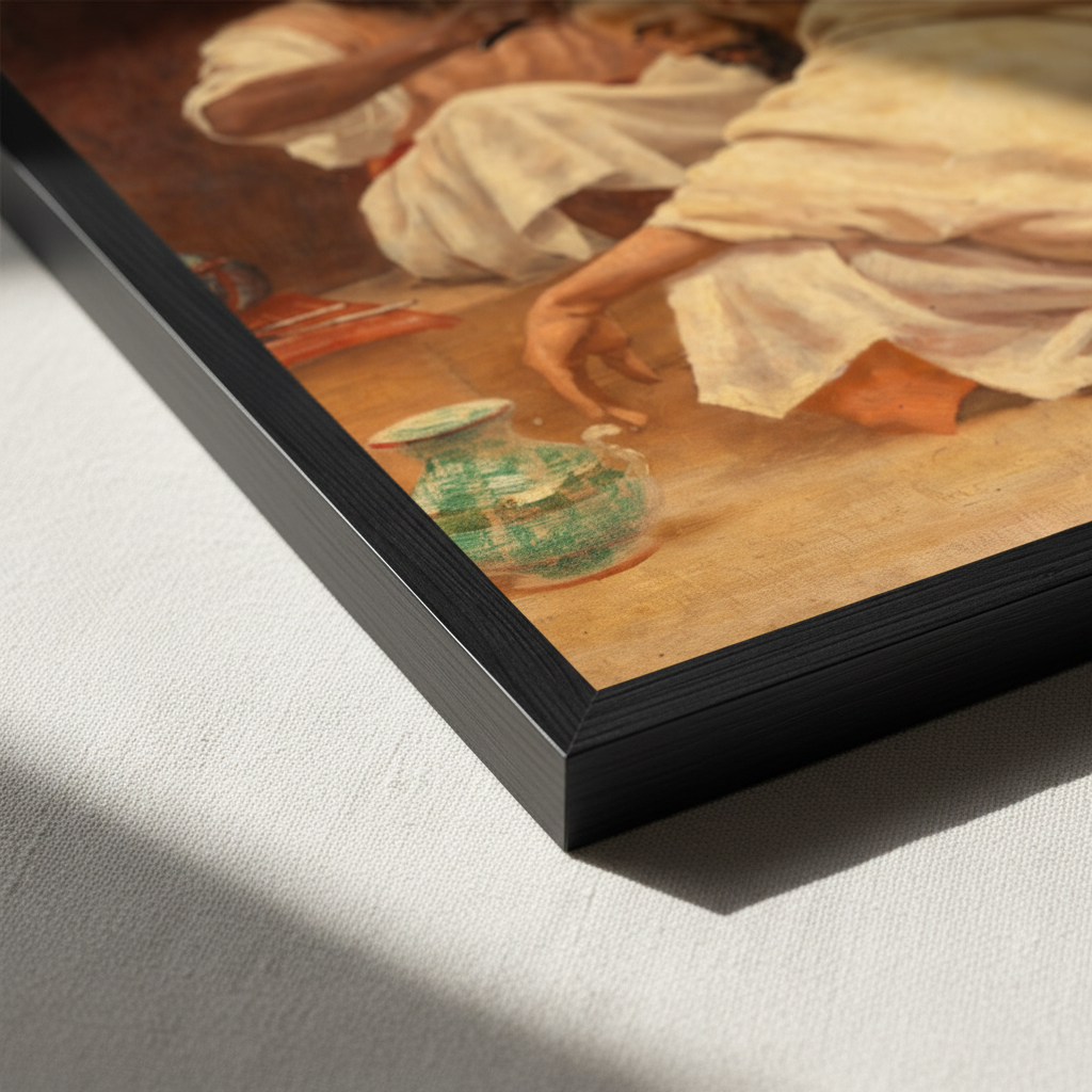 Detail of the black frame corner on the A Barber, Morocco print showing the green jug