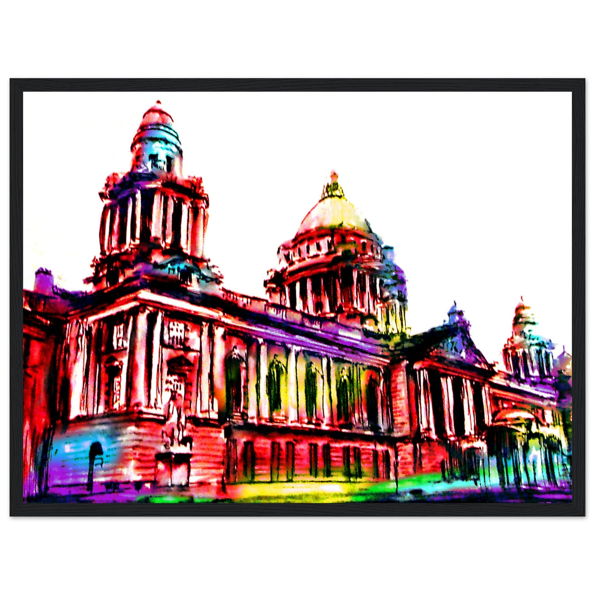 Vibrant Belfast City Hall Framed Art Print by Ó Maoláin. Colourful depiction of Belfast's iconic landmark, reflecting its dynamic spirit. Perfect for commemorating your connection to Belfast or sharing its charm.