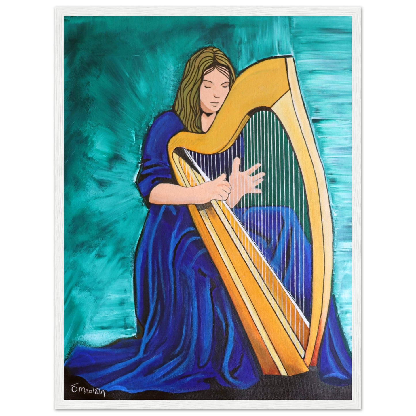 Female Harpist Playing The Irish Harp White Wooden Framed Print