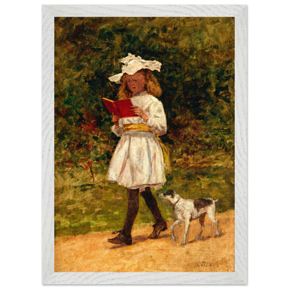Aloysius O'Kelly girl reading painting in a white frame, girl in a bonnet holding a red book