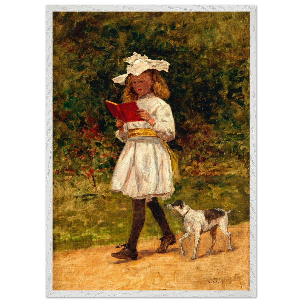 A Young Girl Reading by Aloysius O'Kelly in a white frame, girl and dog before dark foliage