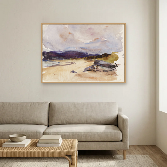 A Bay and Distant Mountains art print, framed and hung in a living room