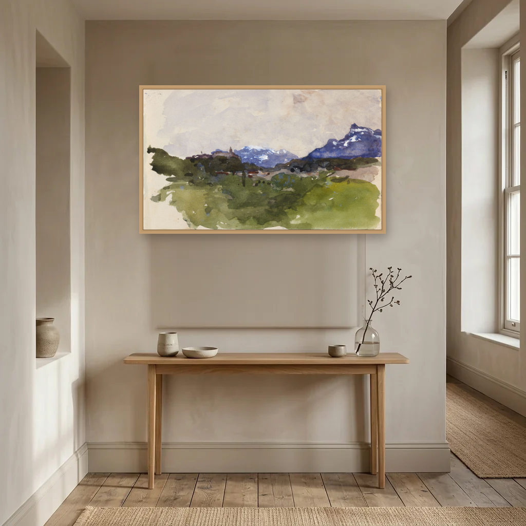 The Pyrenees Mountains art print, framed and hung in a hallway