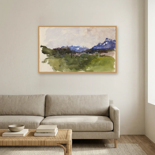 The Pyrenees Mountains art print, framed and hung in a living room