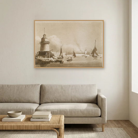 Dublin Harbour from Poolbeg Lighthouse art print, framed and hung in a living room