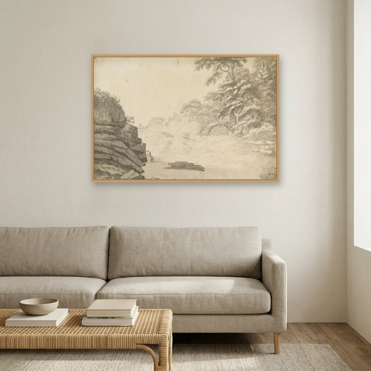 The Salmon Leap, Leixlip art print, framed and hung in a living room