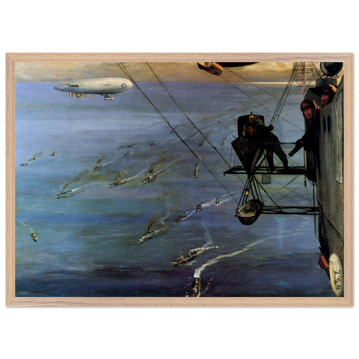 A Convoy, North Sea by John Lavery print in a pale oak frame, 1918 aerial war painting