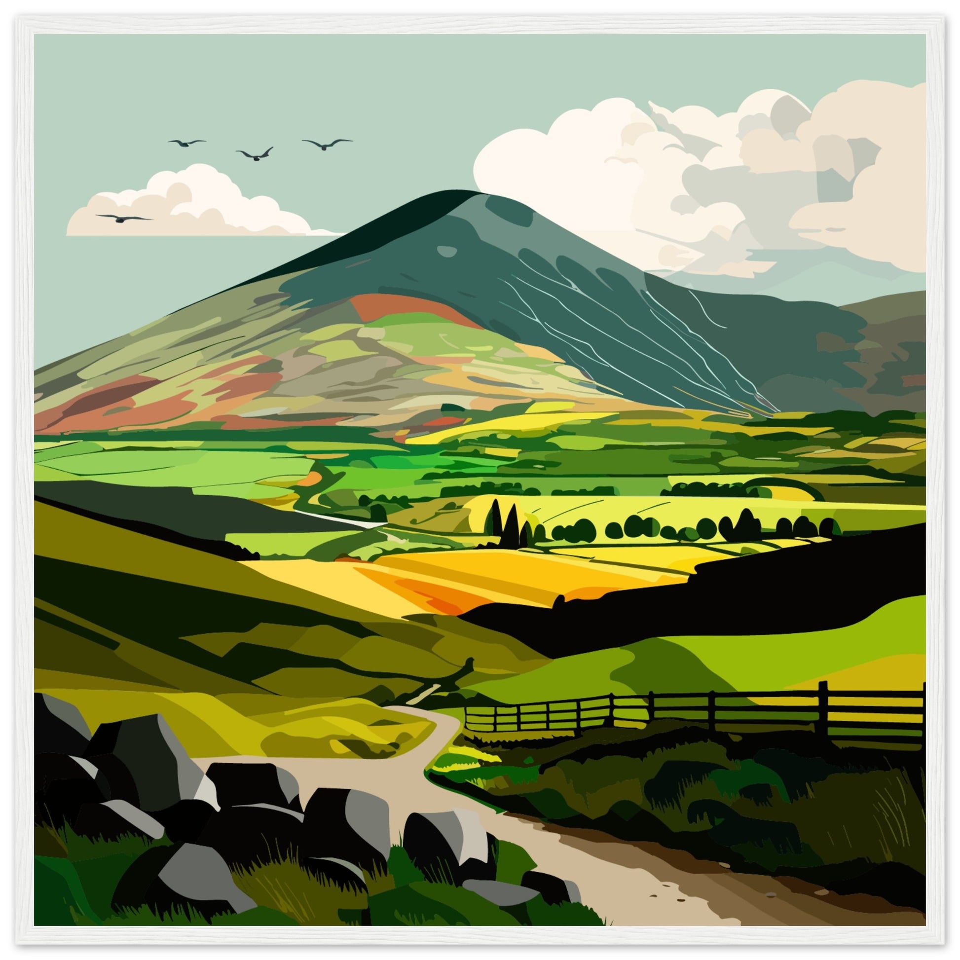 White framed art print depicting lush green Irish countryside, evoking tranquility and beauty. Ideal for nature lovers longing for the Emerald Isle's serene landscapes.