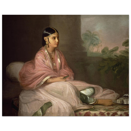 An Indian Lady, perhaps Jemdanee, by Thomas Hickey, woman in pink seated on a cushioned couch
