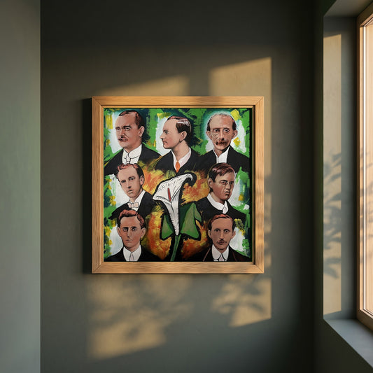 1916 Proclamation framed print in a natural oak frame on a dark green wall beside a window, dappled plant shadow
