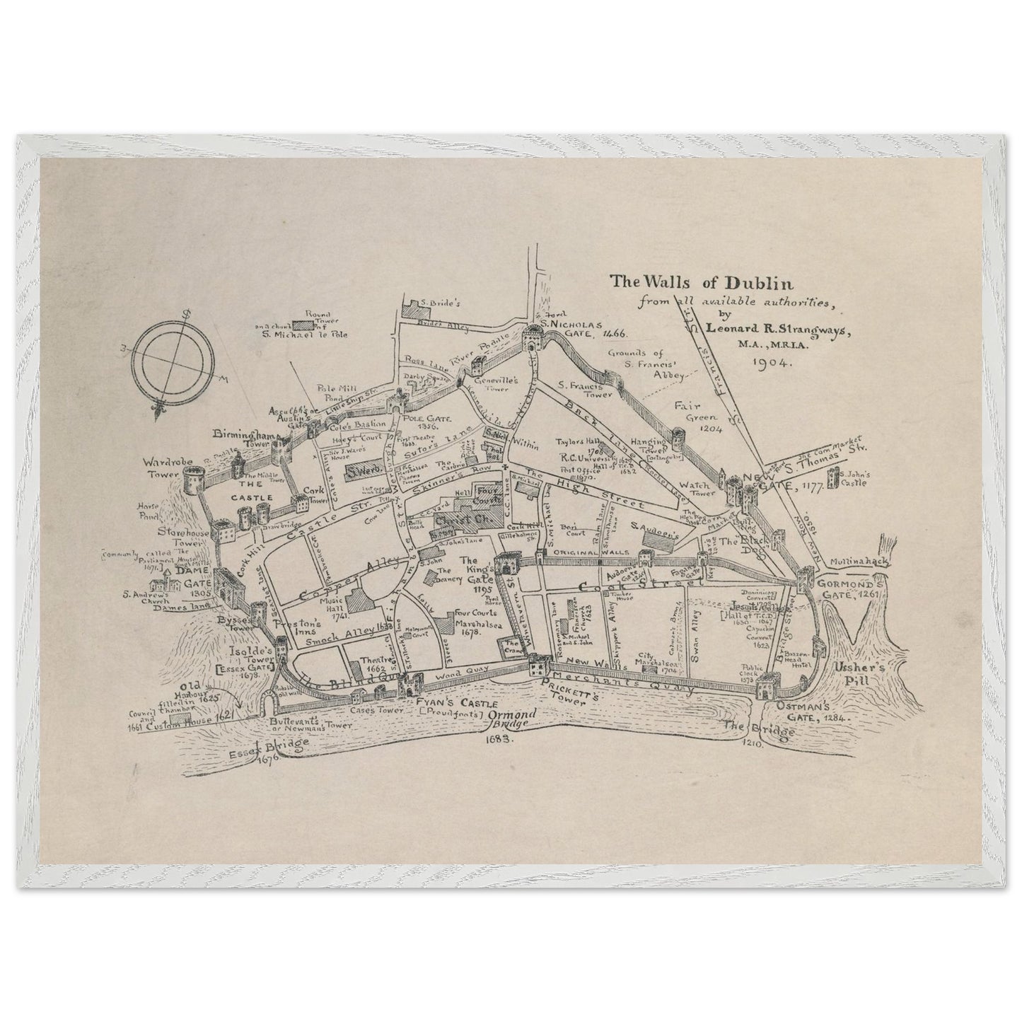 The Walls of Dublin — Antique City Map Print | Historic Irish Wall Art – detail view | Buy Irish Art