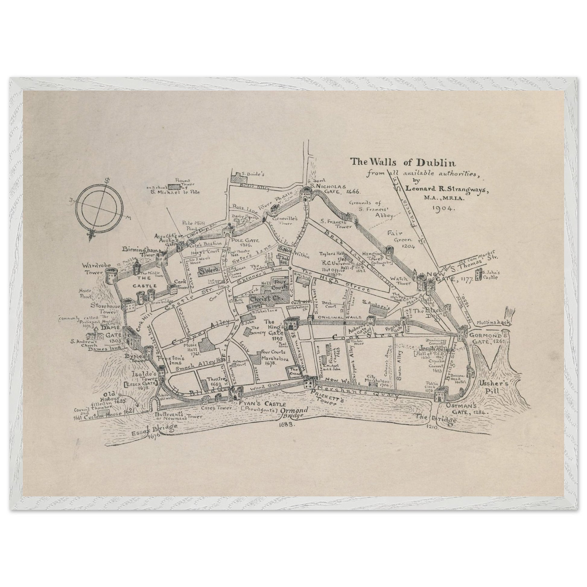 The Walls of Dublin — Antique City Map Print | Historic Irish Wall Art – detail view | Buy Irish Art