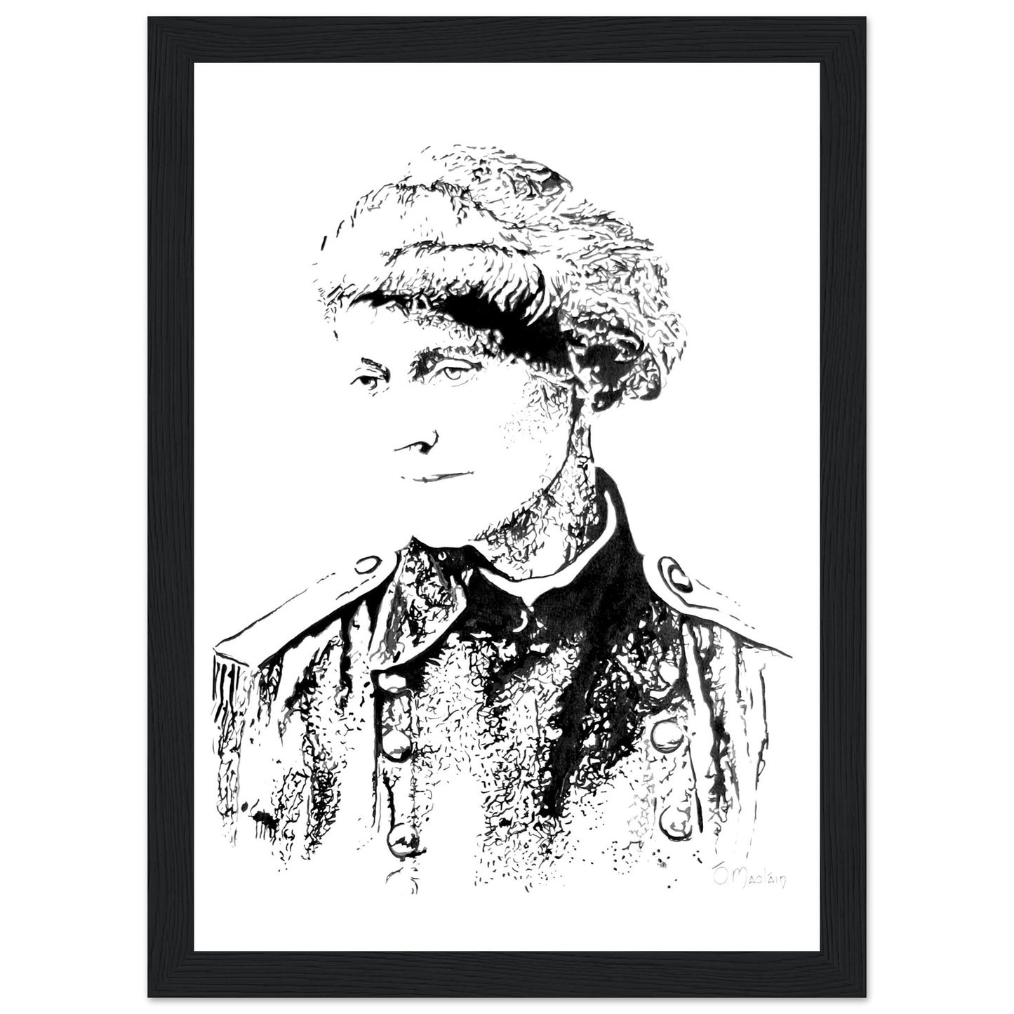 Framed art print by Ó Maoláin depicting Countess Markievicz, celebrating her courage and activism. This timeless piece blends art and history, capturing Ireland's heritage. Perfect for adding a meaningful touch to any space, honoring a trailblazing figure.