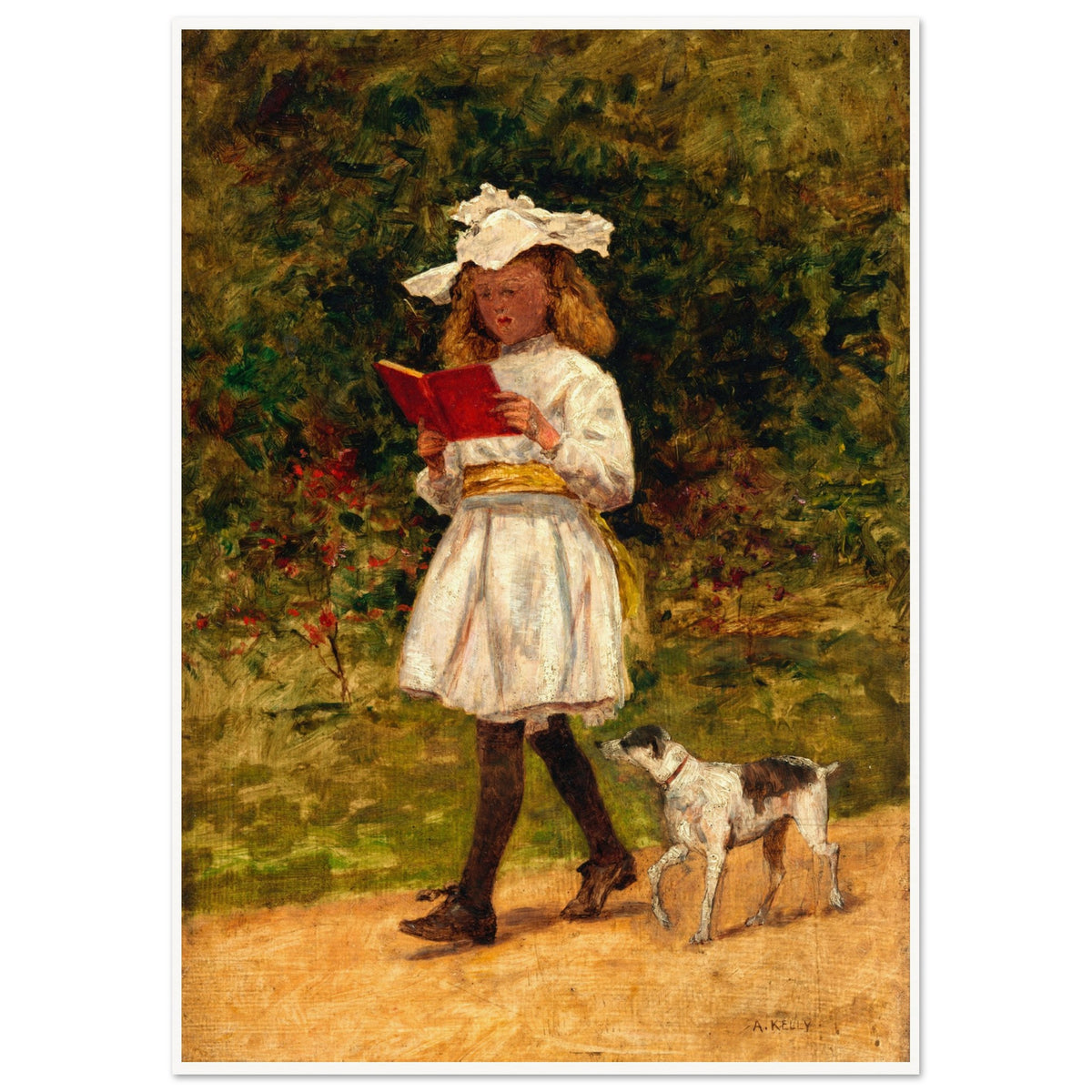 Aloysius O'Kelly A Young Girl Reading with a slim white frame, girl in white with a yellow sash