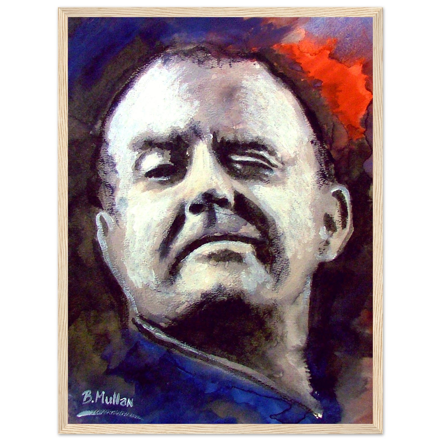 Portrait of Christy Moore, Irish folk singer-songwriter. Art print by B. Mullan, featuring iconic songs like 'Ride On' and 'The Voyage'. Celebrate Irish music and culture with this vibrant wall art.