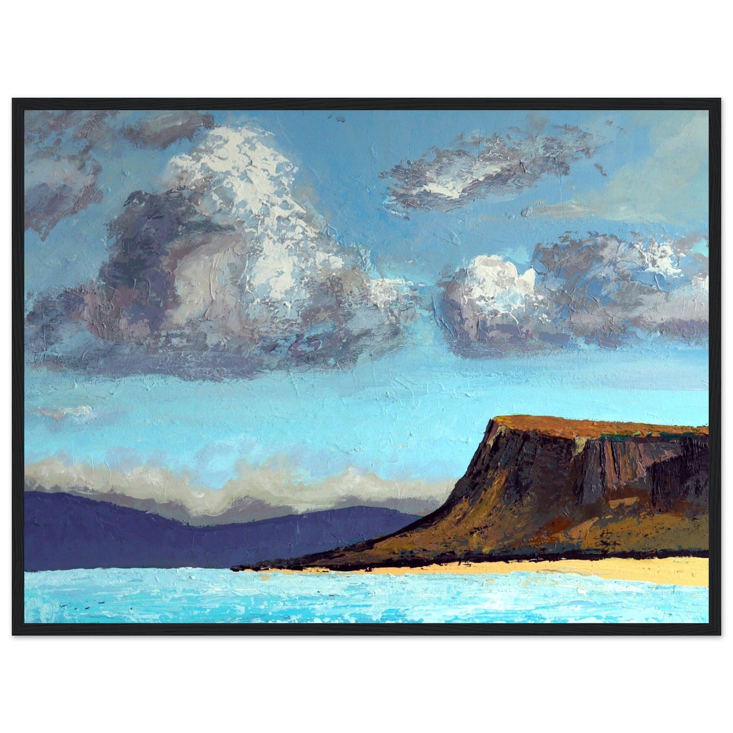 Ó Maoláin's framed art: Ballycastle beach, Fair Head distant view. Serene coastal scene, sandy shores, cliffs. County Antrim, Ireland.