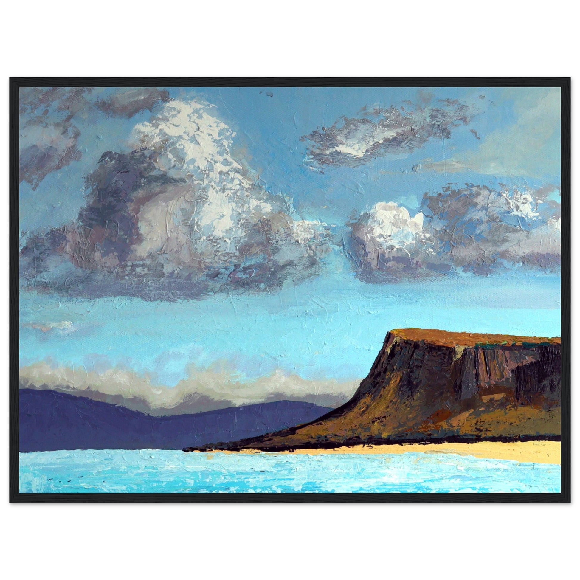 Ó Maoláin's framed art: Ballycastle beach, Fair Head distant view. Serene coastal scene, sandy shores, cliffs. County Antrim, Ireland.