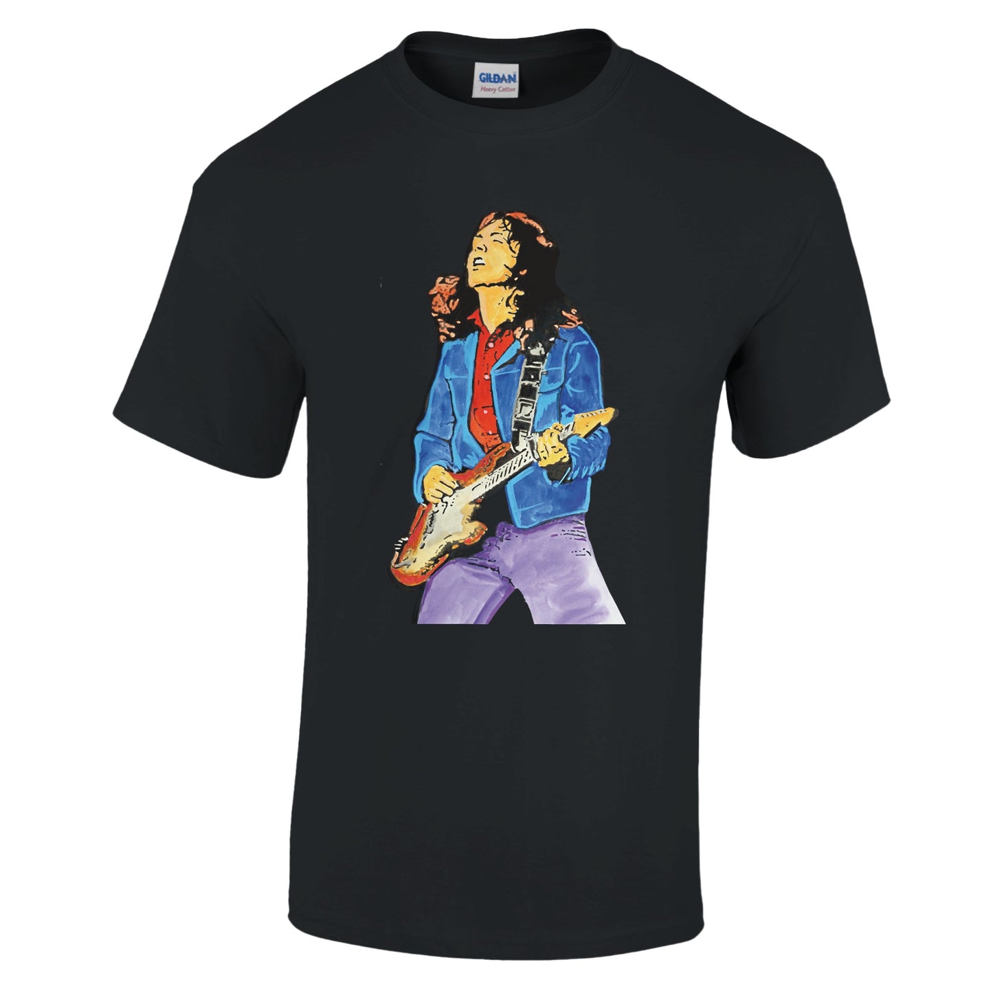 Rory Gallagher T-shirt featuring artwork by Irish artist, showcasing Gallagher with his Stratocaster guitar, ideal for blues rock enthusiasts and fans of Irish art.