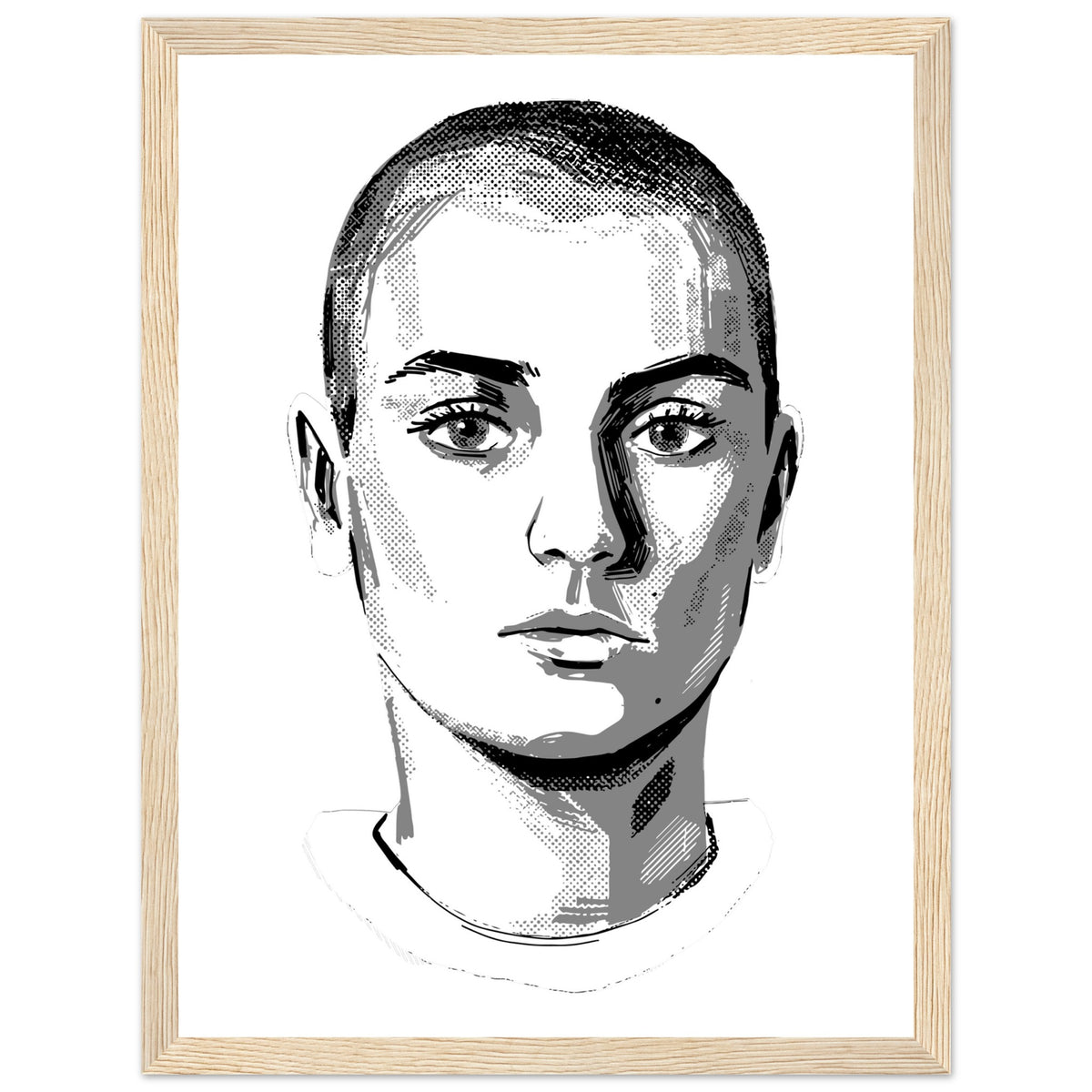Sinéad O'Connor black and white portrait print in an oak frame, the Irish singer in ink tones