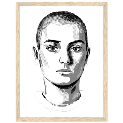 Sinéad O'Connor black and white portrait print in an oak frame, the Irish singer in ink tones