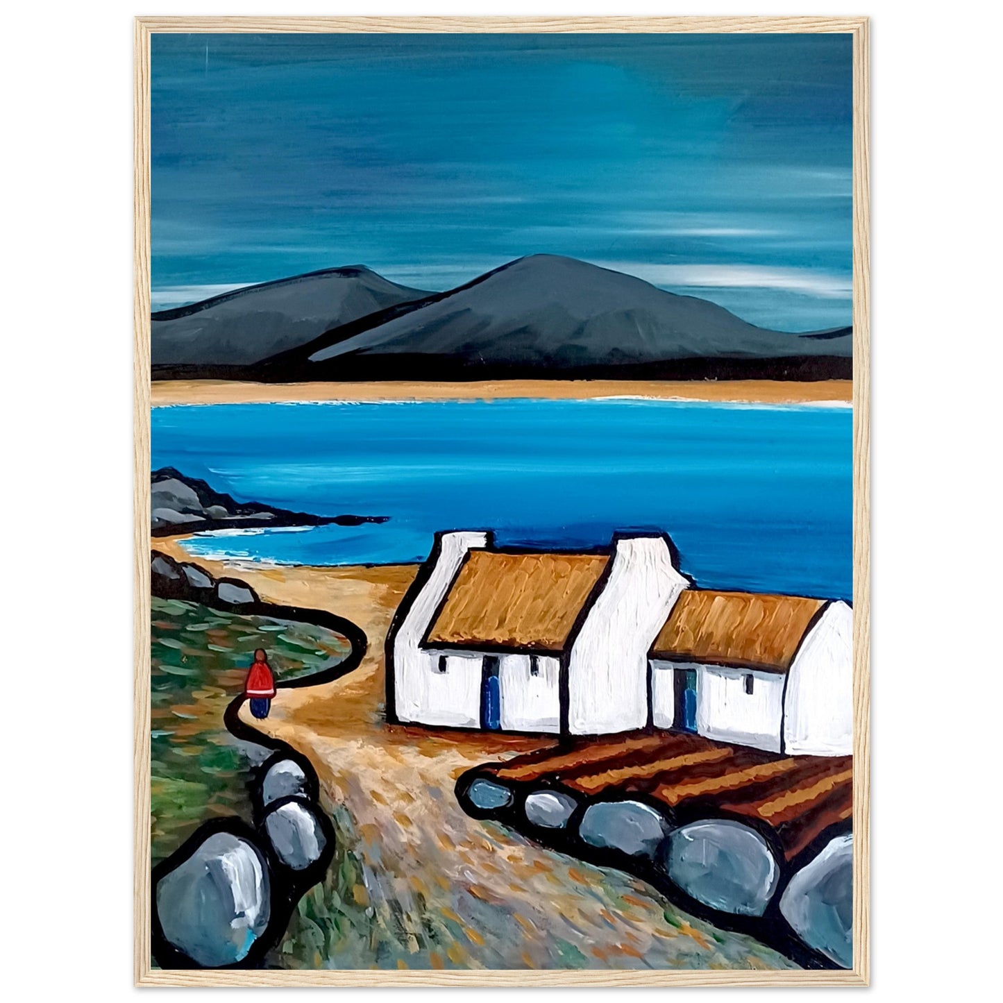 Framed art print titled Connemara Lakes Cottage by Irish artist Ó Maoláin. Features a serene lakeside cottage in Connemara, Ireland, with lush greenery and tranquil waters. The piece captures the rustic beauty of the Irish countryside, enhancing home decor.