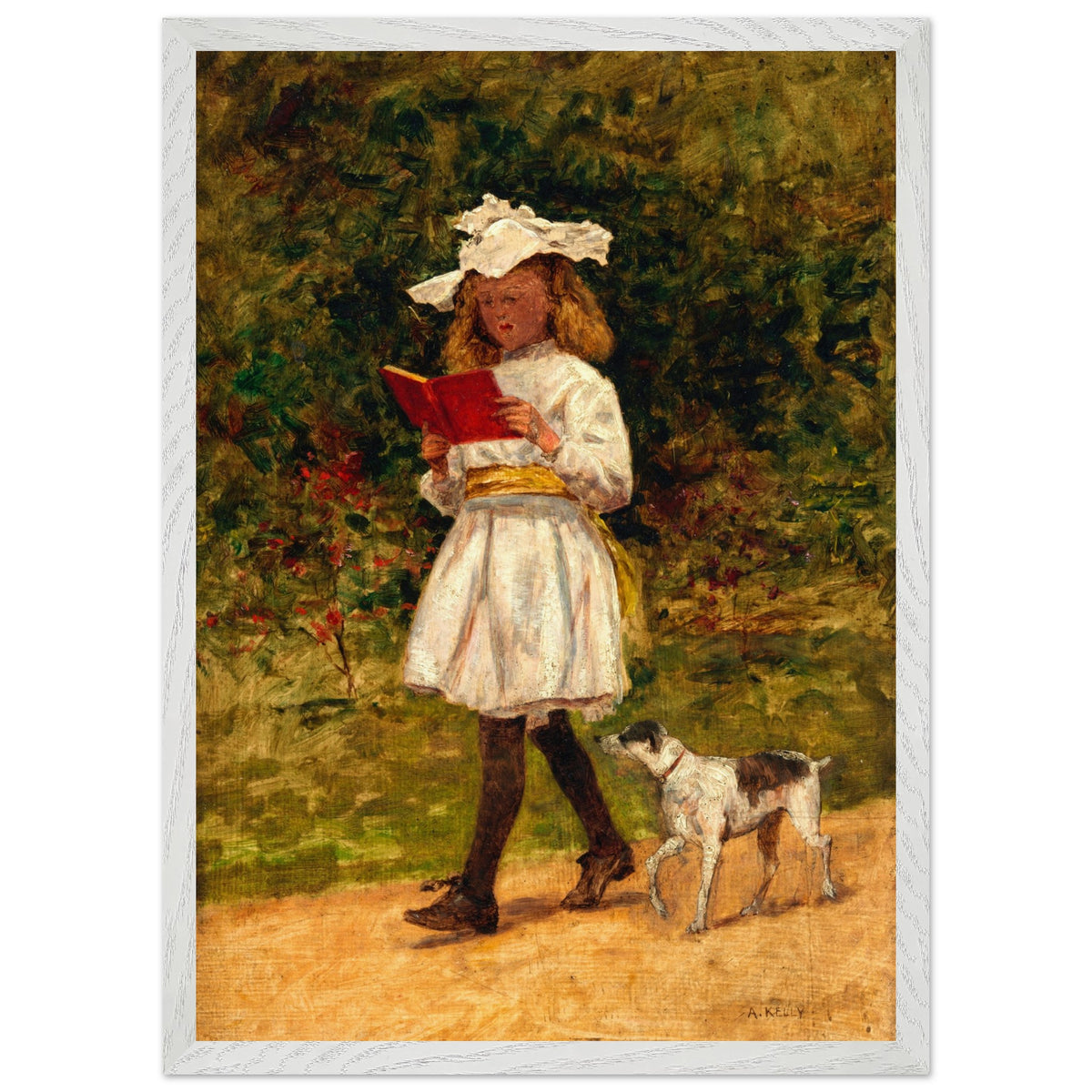 A Young Girl Reading by Aloysius O'Kelly in a white wooden frame, girl and terrier on a path