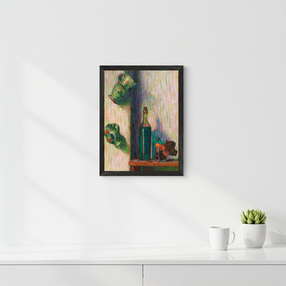 A 30×40 cm black-framed Flowers, Bottle and Two Jugs art print displayed in a minimalist home office. White desk, ceramic mug, greenery, soft daylight. Styled for a 30–40-year-old woman who values clean, curated workspace aesthetics.