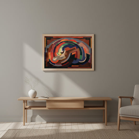 30×45 cm framed print of ‘Composition (c.1935)’ by Mainie Jellett in natural oak/ash frame, warm Nordic-style interior, neutral wall tones, gentle window light, premium handcrafted frame appearance, ultra-realistic photography.”